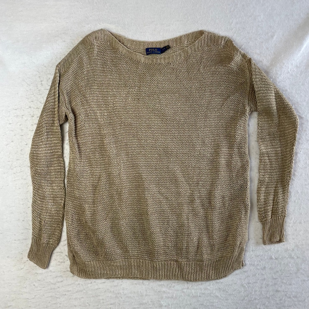 Polo Ralph Lauren Linen Knit Sweater Womens Large Tan Boat Neck Long Sleeve